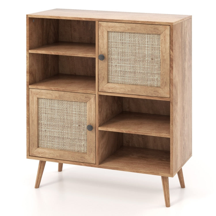 Aparador de madera moderno de mediados de siglo con puertas de ratán para comedor