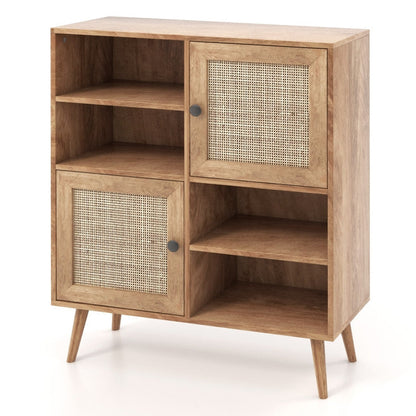 Aparador de madera moderno de mediados de siglo con puertas de ratán para comedor