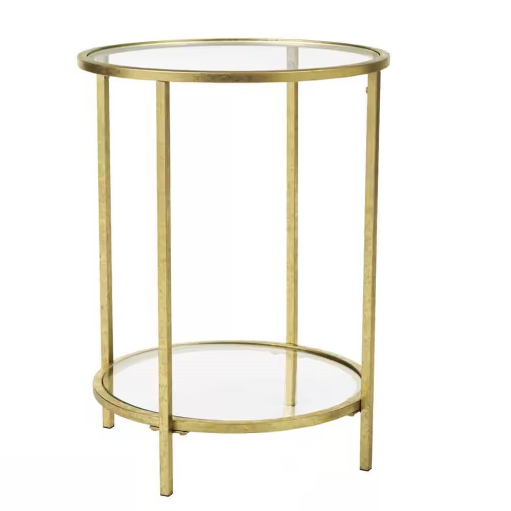 Mesa auxiliar redonda con acento, metal dorado, tapa de cristal, estante inferior.