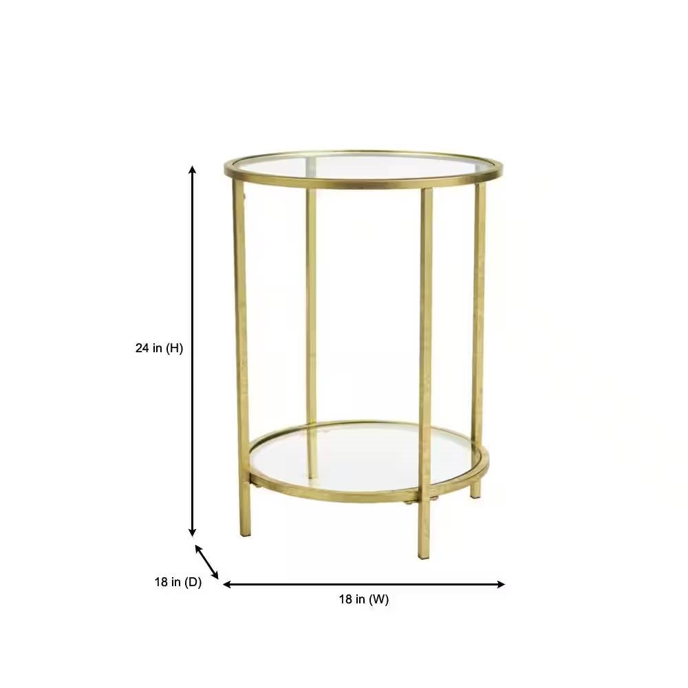 Mesa auxiliar redonda con acento, metal dorado, tapa de cristal, estante inferior.