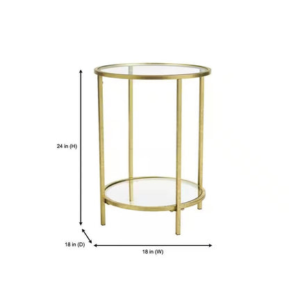 Mesa auxiliar redonda con acento, metal dorado, tapa de cristal, estante inferior.