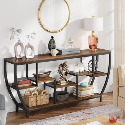 Mesa de sofá consola estrecha y larga de 70 pulgadas, estilo industrial moderno con estantes de madera marrón