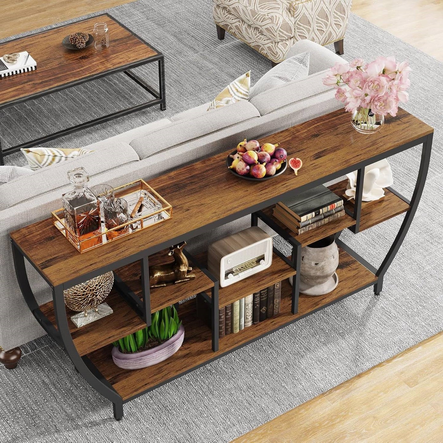 Mesa de sofá consola estrecha y larga de 70 pulgadas, estilo industrial moderno con estantes de madera marrón