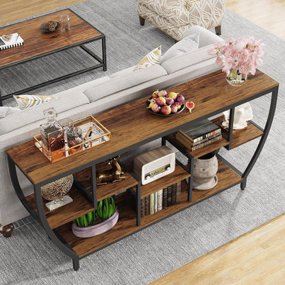 Mesa de sofá consola estrecha y larga de 70 pulgadas, estilo industrial moderno con estantes de madera marrón