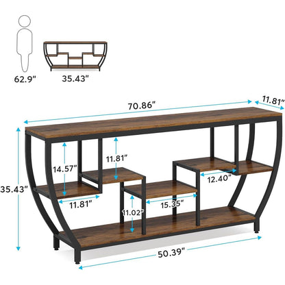Mesa de sofá consola estrecha y larga de 70 pulgadas, estilo industrial moderno con estantes de madera marrón
