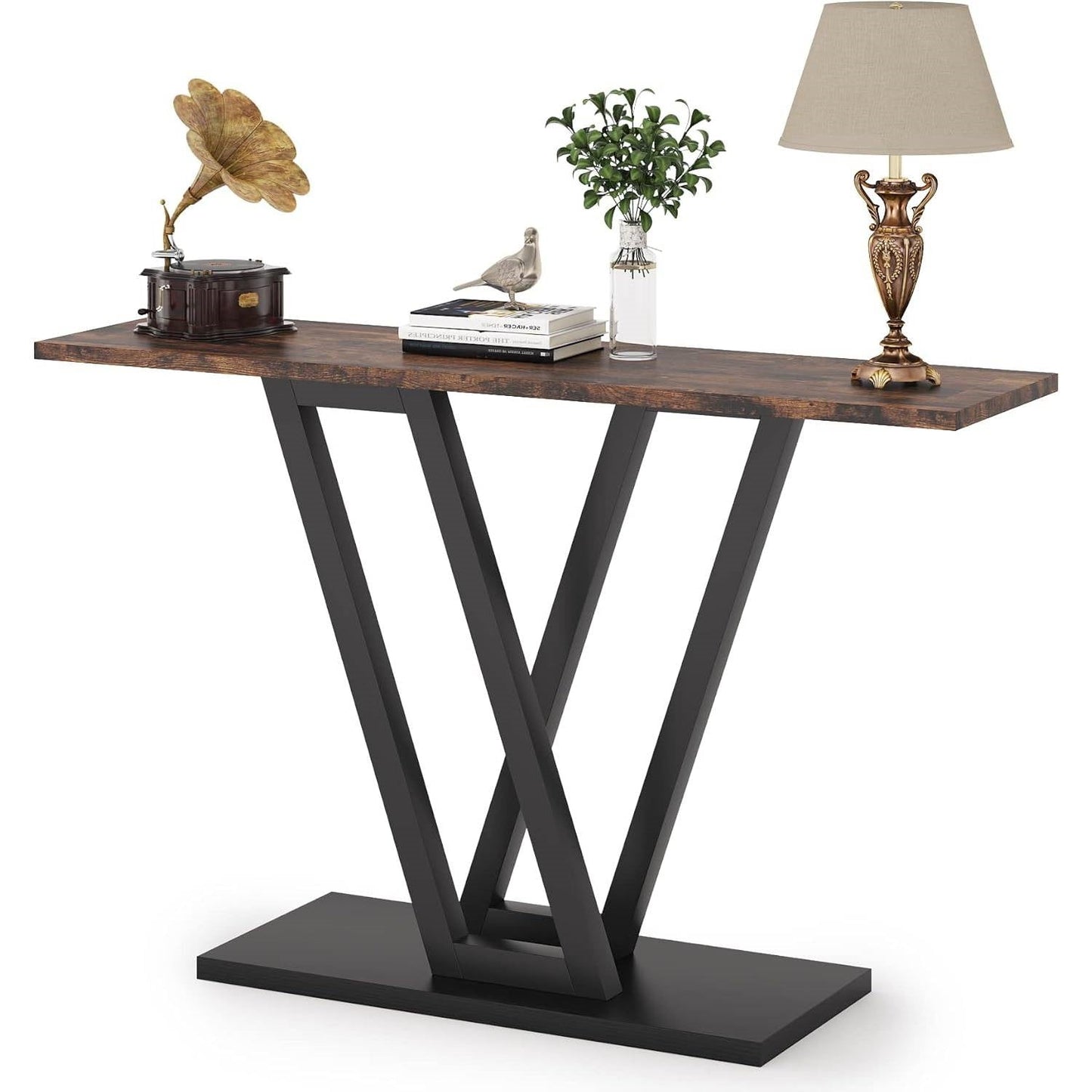 Mesa de entrada moderna y estrecha de 43 pulgadas con cubierta de madera marrón y estructura de metal negro