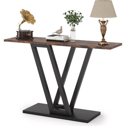 Mesa de entrada moderna y estrecha de 43 pulgadas con cubierta de madera marrón y estructura de metal negro