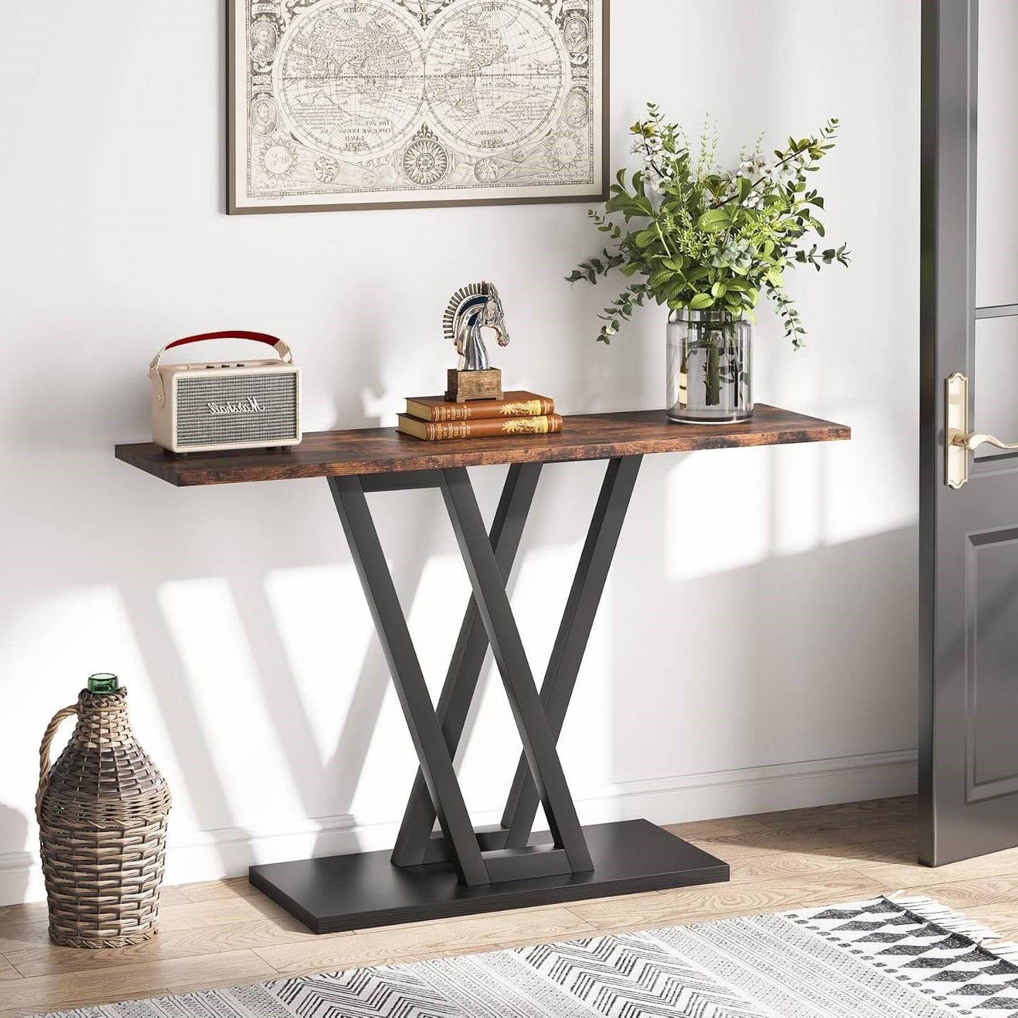 Mesa de entrada moderna y estrecha de 43 pulgadas con cubierta de madera marrón y estructura de metal negro