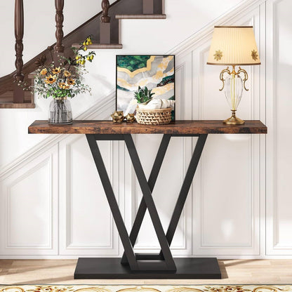 Mesa de entrada moderna y estrecha de 43 pulgadas con cubierta de madera marrón y estructura de metal negro