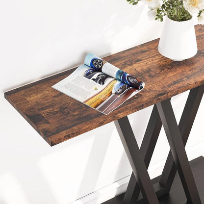 Mesa de entrada moderna y estrecha de 43 pulgadas con cubierta de madera marrón y estructura de metal negro