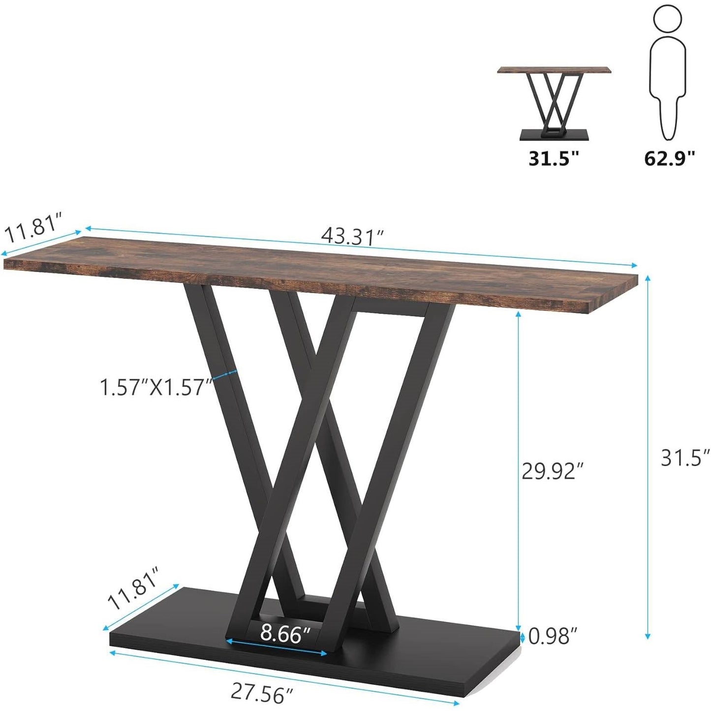 Mesa de entrada moderna y estrecha de 43 pulgadas con cubierta de madera marrón y estructura de metal negro