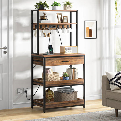 Modern Baker's Rack Shelving Unit with Pull-Out Shelves and Storage Drawer