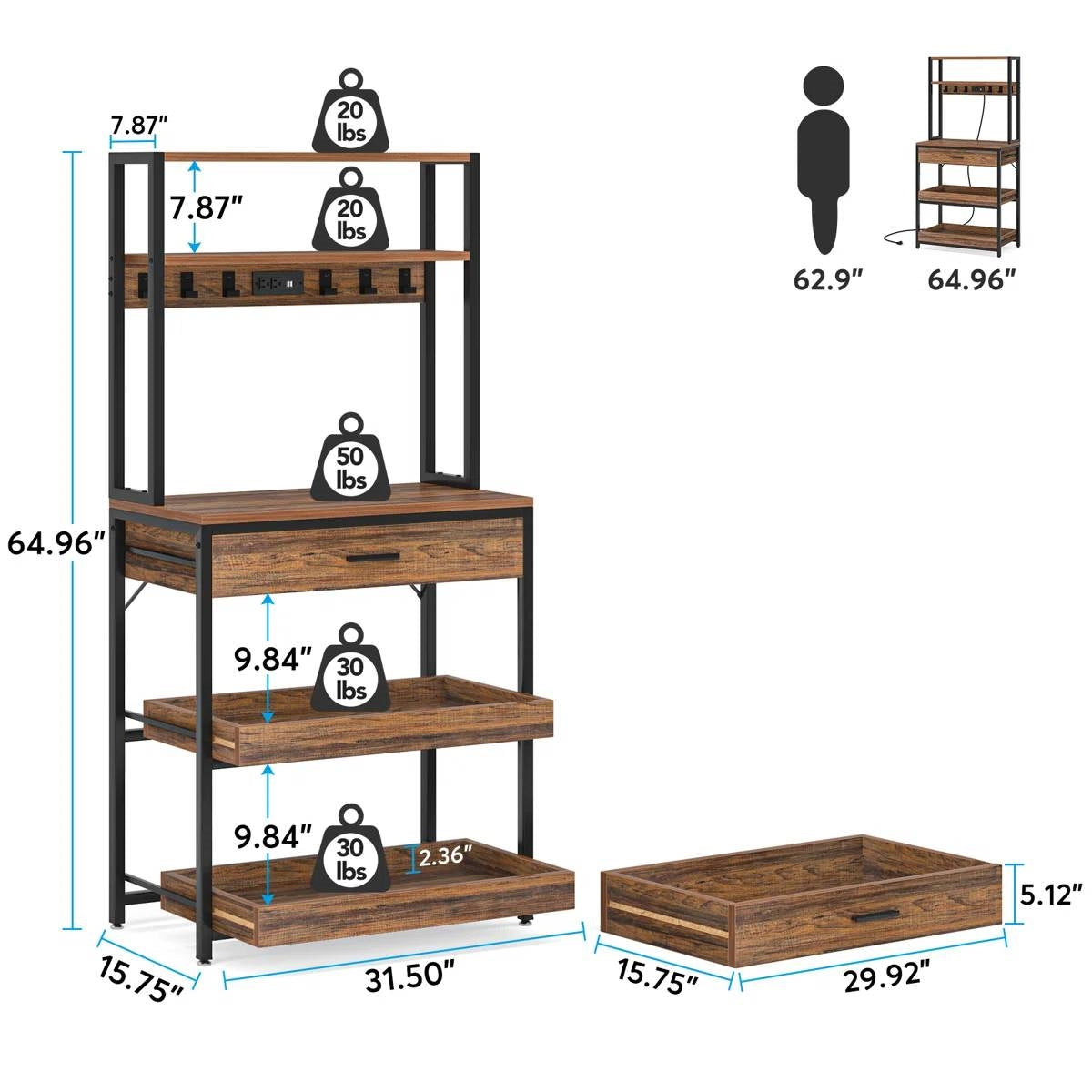 Modern Baker's Rack Shelving Unit with Pull-Out Shelves and Storage Drawer
