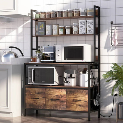 Black Metal Kitchen Baker's Rack with Brown Wood Shelves and Storage Cabinets