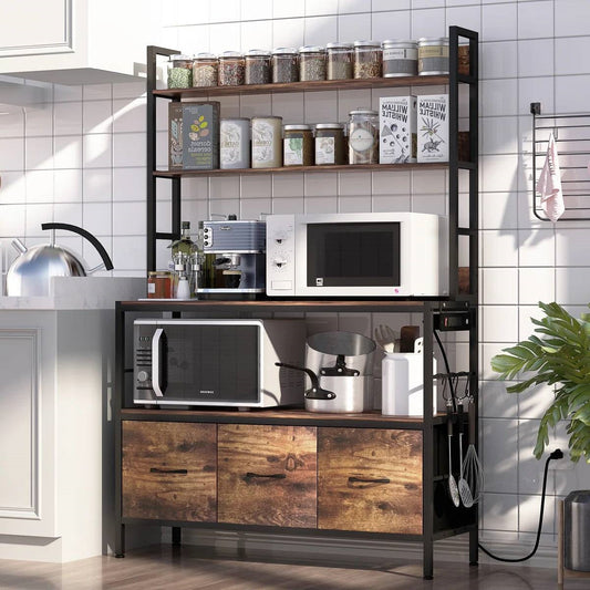 Black Metal Kitchen Baker's Rack with Brown Wood Shelves and Storage Cabinets