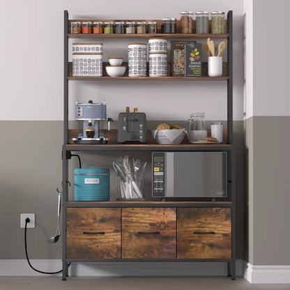 Black Metal Kitchen Baker's Rack with Brown Wood Shelves and Storage Cabinets