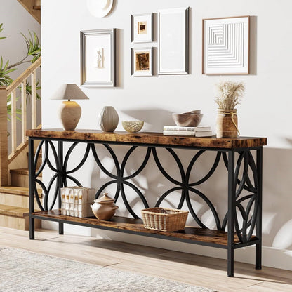Moderna mesa de sofá consola estrecha de 70 pulgadas de largo con tapa y estante de madera marrón