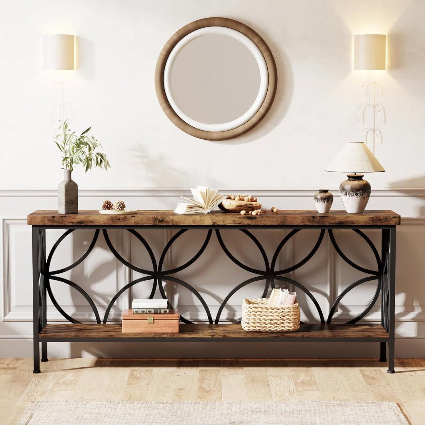 Moderna mesa de sofá consola estrecha de 70 pulgadas de largo con tapa y estante de madera marrón