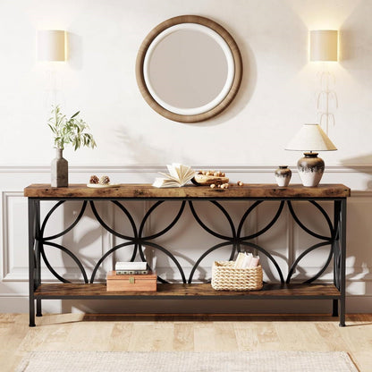 Moderna mesa de sofá consola estrecha de 70 pulgadas de largo con tapa y estante de madera marrón