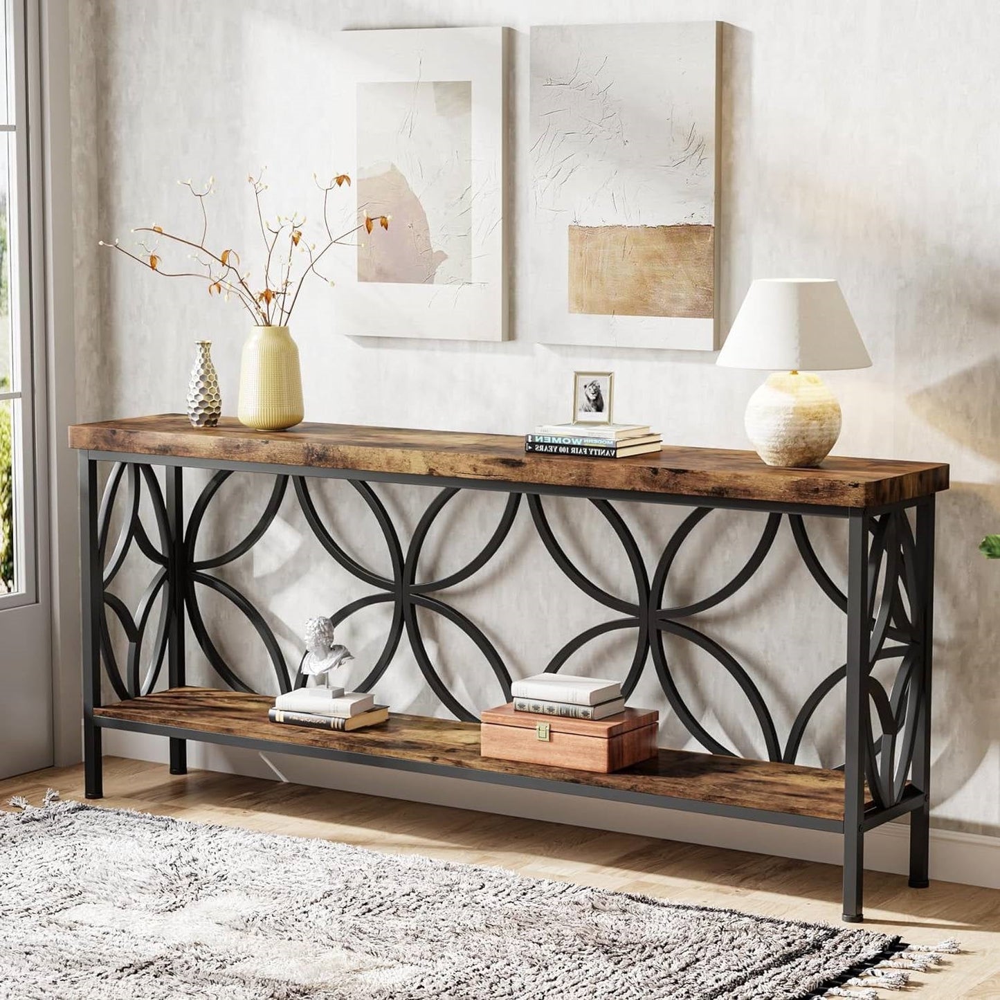Moderna mesa de sofá consola estrecha de 70 pulgadas de largo con tapa y estante de madera marrón