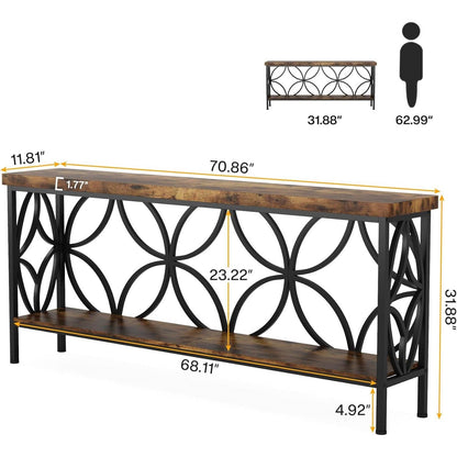 Moderna mesa de sofá consola estrecha de 70 pulgadas de largo con tapa y estante de madera marrón
