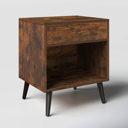 Mesa de Noche de 1 Cajón con Estante Abierto Estilo Granja Moderna de Mediados de Siglo