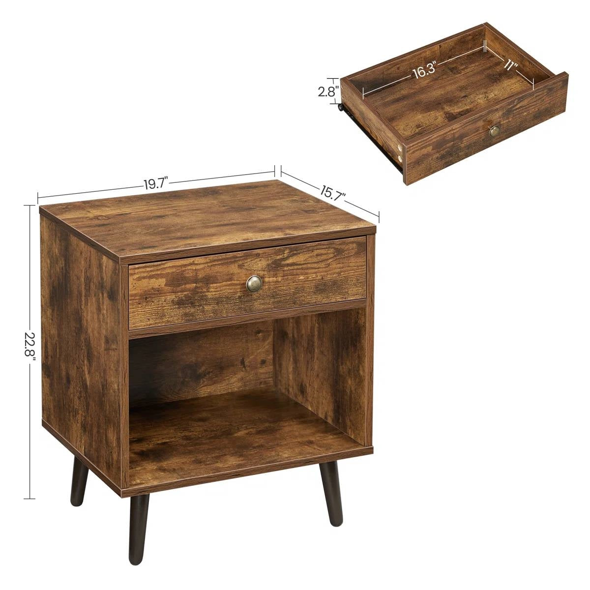 Mesa de Noche de 1 Cajón con Estante Abierto Estilo Granja Moderna de Mediados de Siglo