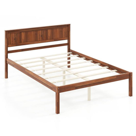 Full Size Retro Wood Platform Bed Frame with Headboard in Walnut - Tampa Home & Garden Store