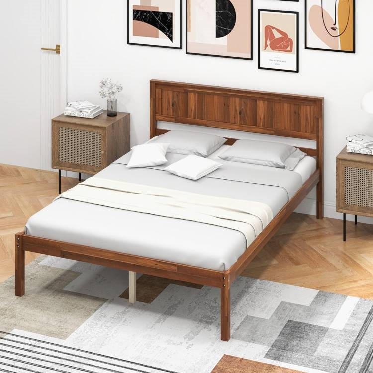 Base de cama con plataforma de madera retro tamaño matrimonial con cabecero en nogal