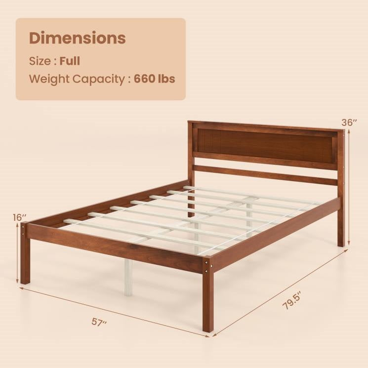 Base de cama con plataforma de madera retro tamaño matrimonial con cabecero en nogal