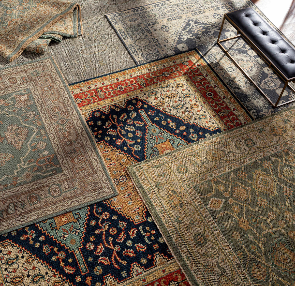 Rockton Area Rug - Clearance by Boutique Rugs in blue beige with medallions, layered rug display on Tampa Home & Garden Store