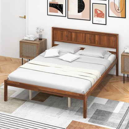 Base de cama tipo plataforma retro de madera tamaño queen con cabecero en nogal