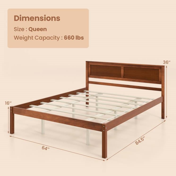 Base de cama tipo plataforma retro de madera tamaño queen con cabecero en nogal