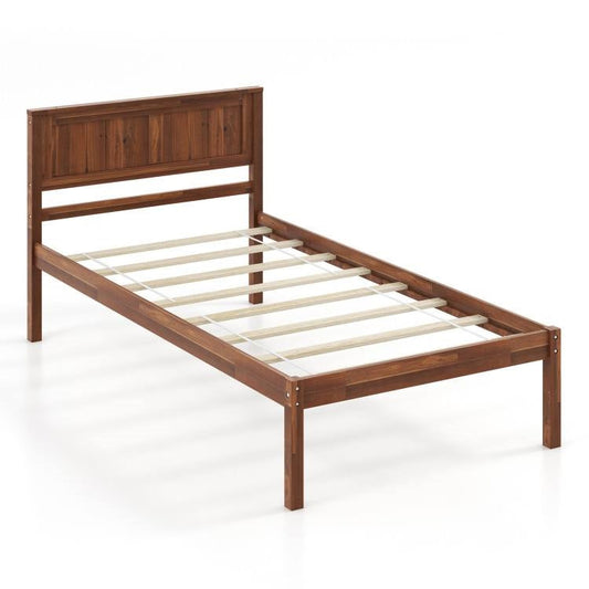 Twin Size Retro Wood Platform Bed Frame with Headboard in Walnut - Tampa Home & Garden Store
