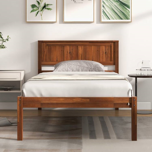 Twin Size Retro Wood Platform Bed Frame with Headboard in Walnut - Tampa Home & Garden Store