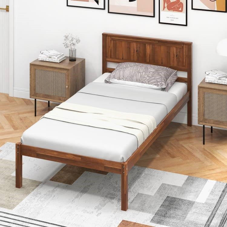 Marco de cama de plataforma de madera retro tamaño Twin con cabecero en nogal