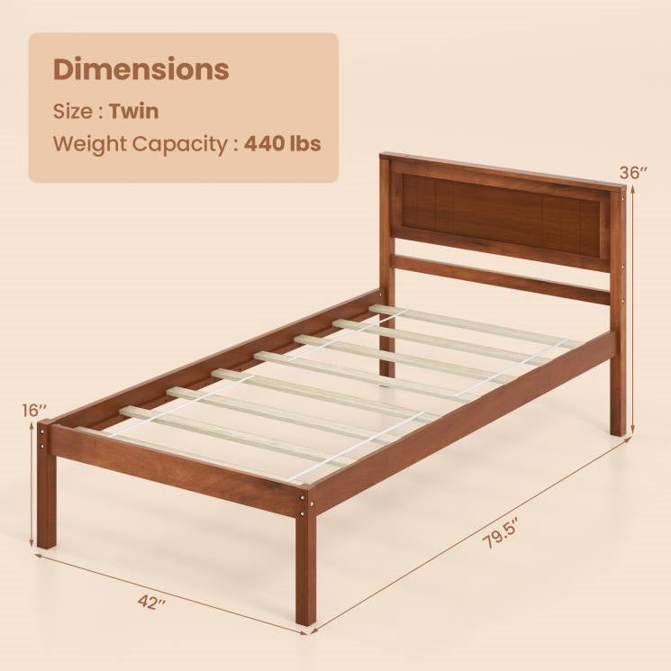 Marco de cama de plataforma de madera retro tamaño Twin con cabecero en nogal