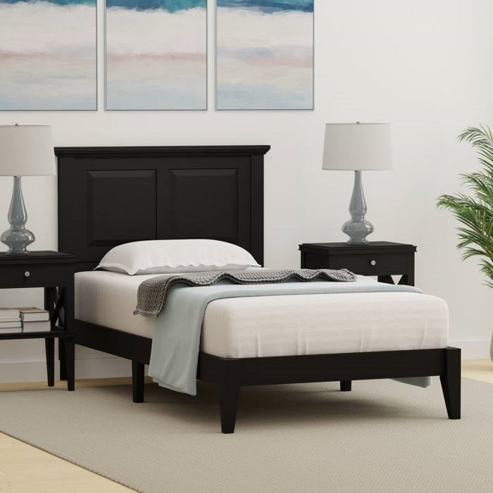 Base de cama de plataforma doble de madera maciza de roble tradicional con cabecero en negro