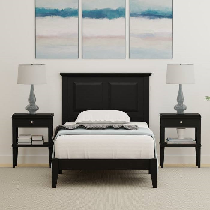 Base de cama de plataforma doble de madera maciza de roble tradicional con cabecero en negro