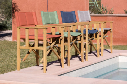 Zircon Teak Director Chair quartet with red green blue gray cushions on teak frames on Tampa Home & Garden Store