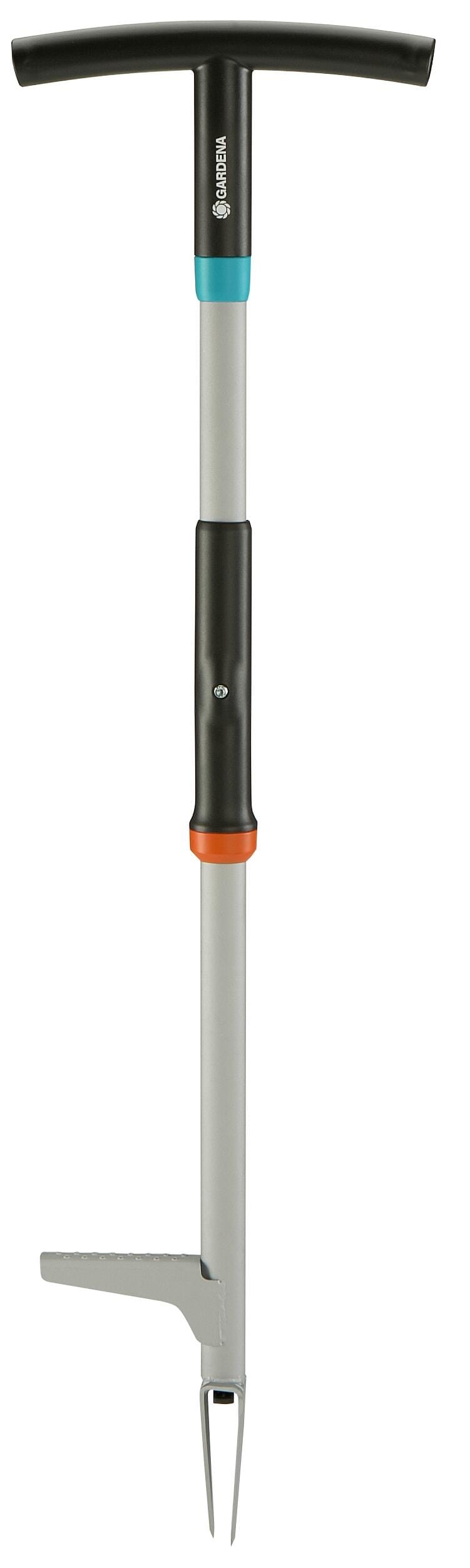 Weed puller hand tool by Gardena with black T-handle teal collar gray shaft and fork tines on Tampa Home & Garden Store
