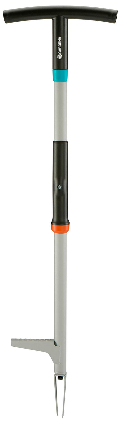 Weed puller hand tool by Gardena with black T-handle teal collar gray shaft and fork tines on Tampa Home & Garden Store