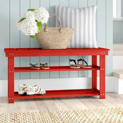Banco zapatero de almacenamiento rojo de madera con 2 estantes para recibidor o armario