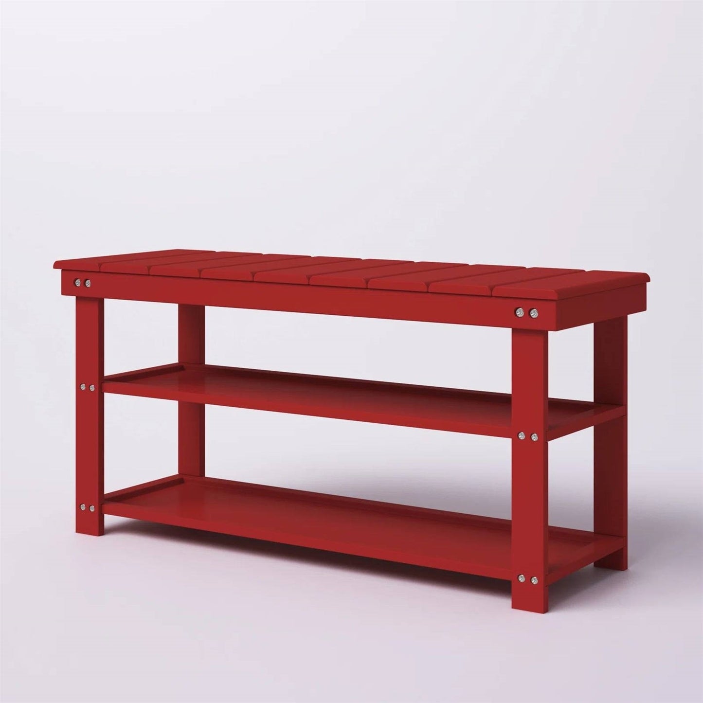 Banco zapatero de almacenamiento rojo de madera con 2 estantes para recibidor o armario