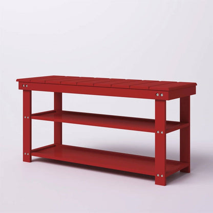 Banco zapatero de almacenamiento rojo de madera con 2 estantes para recibidor o armario