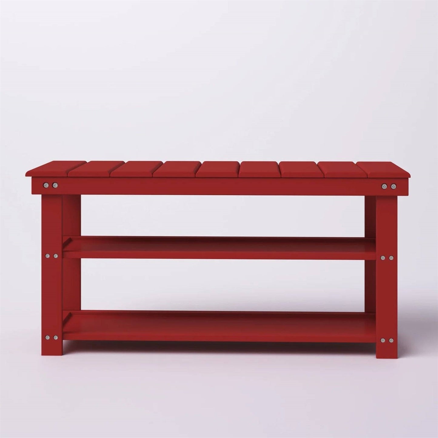Banco zapatero de almacenamiento rojo de madera con 2 estantes para recibidor o armario