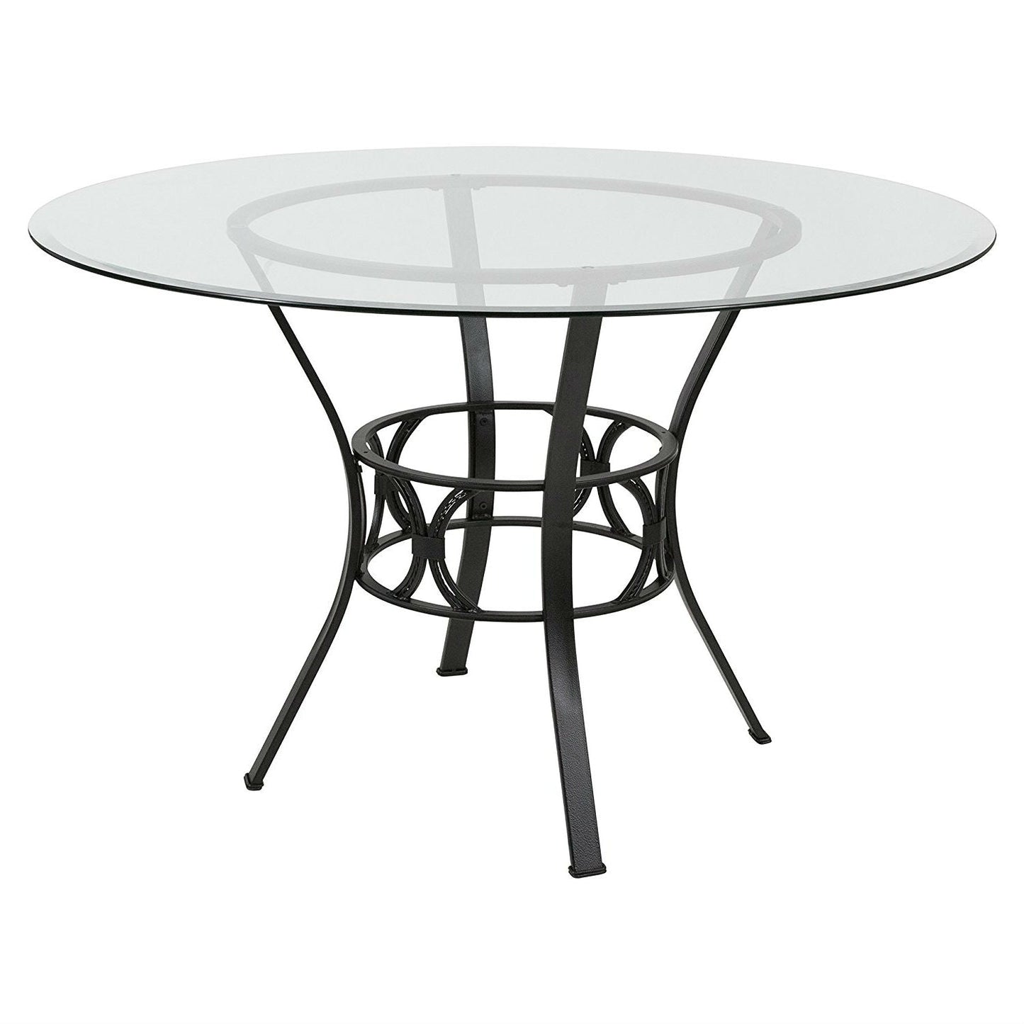 Mesa de comedor redonda de cristal transparente de 48 pulgadas con estructura de metal negro