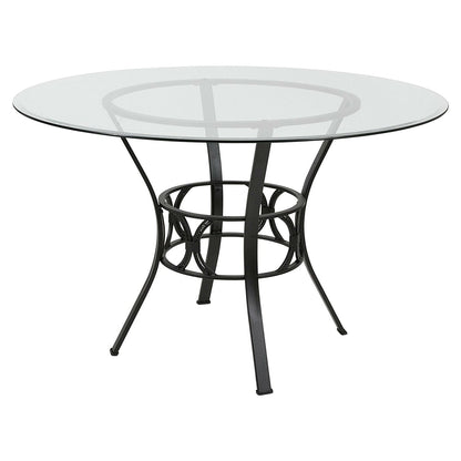 Mesa de comedor redonda de cristal transparente de 48 pulgadas con estructura de metal negro