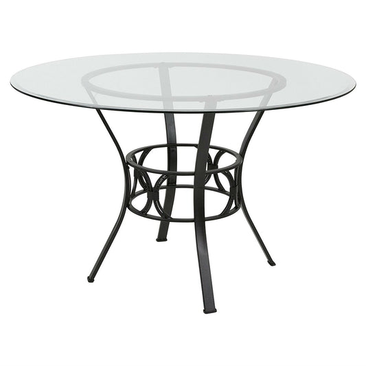Mesa de comedor redonda de cristal transparente de 48 pulgadas con estructura de metal negro