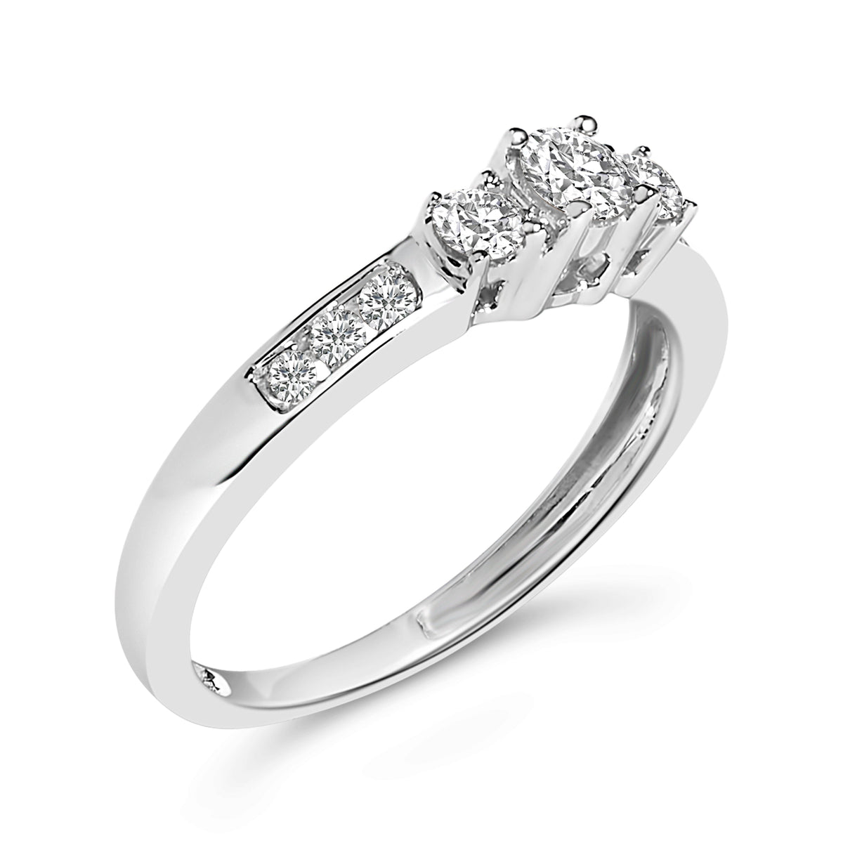 10K white gold 1/2 Cttw diamond three-stone ring with round-cut stones along a polished band on Tampa Home & Garden Store